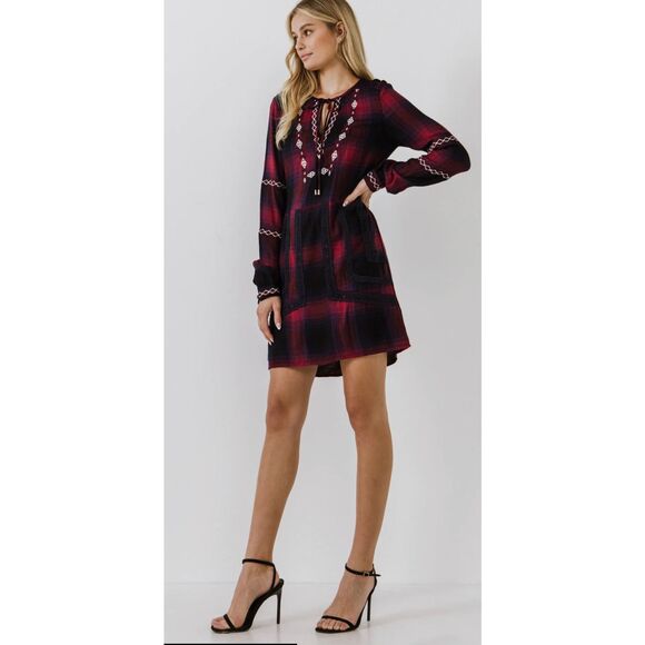 NWT English Factory Dark Navy Plaid Dress Size Small - Picture 3 of 7